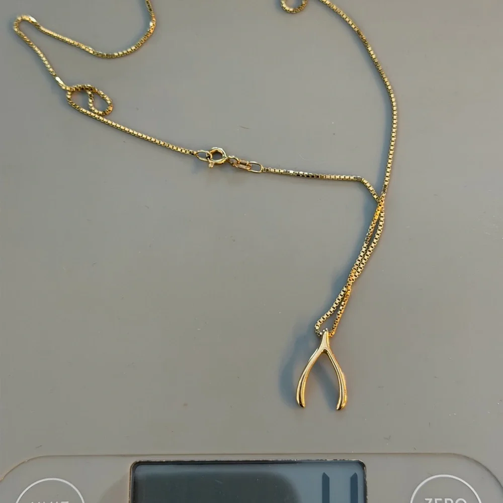 14k Solid 18in delicate box chain wishbone pendant - Picture 2 of 5